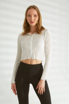 Bir model, Robin toptan giyim markasının ROB10271 - Shirt - Ecru toptan Gömlek ürününü sergiliyor.