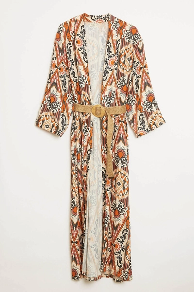 A model wears ROB10644 - Kimono - Tan, wholesale Kimono of Robin to display at Lonca