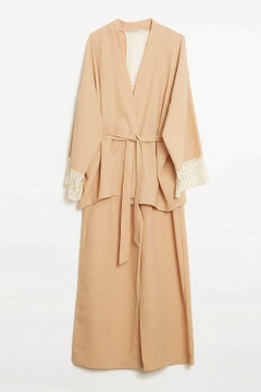 A wholesale clothing model wears ROB10647 - Kimono - Camel, Turkish wholesale Kimono of Robin