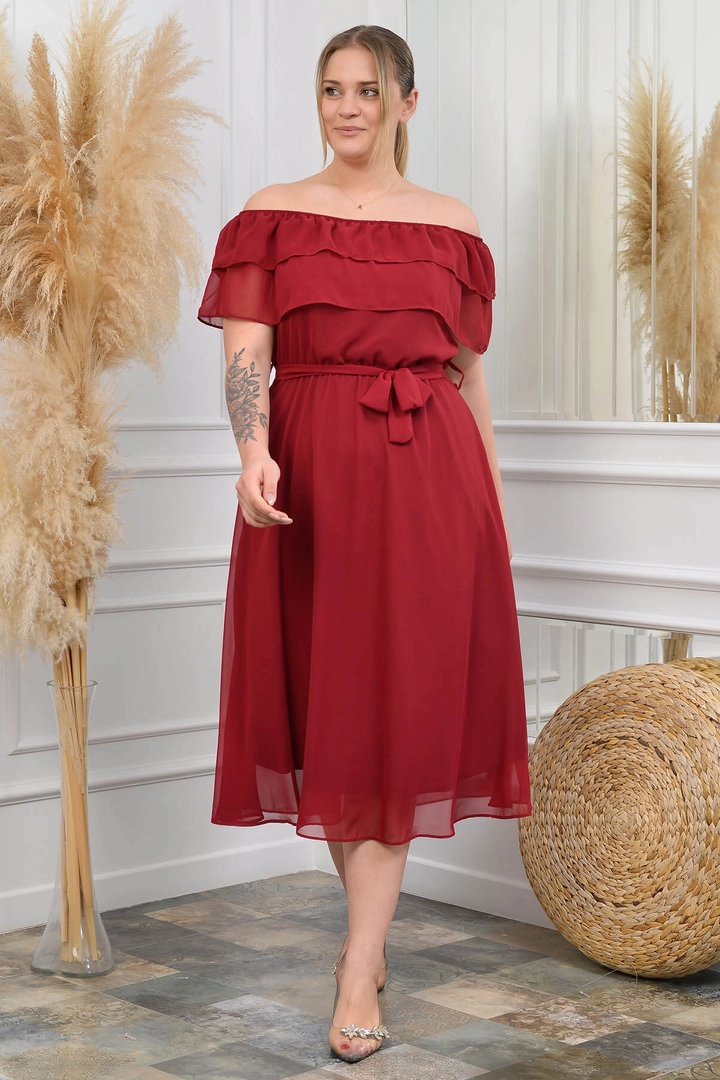 Модель оптовой продажи одежды носит 35148 - Dress - Claret Red, турецкий оптовый товар Одеваться от Mode Roy.