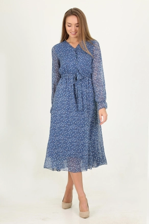 A model wears 35156 - Dress - Blue, wholesale Dress of Roy Moda to display at Lonca
