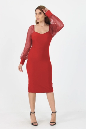 A model wears 35207 - Dress - Red, wholesale Dress of Mode Roy to display at Lonca