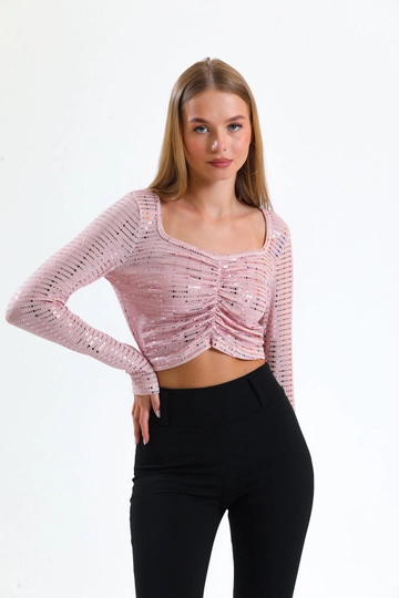 A wholesale clothing model wears  Long Sleeve Front Elastic Gathered Buzi Sequin Blouse - Pink
, Turkish wholesale Crop Top of SENSE