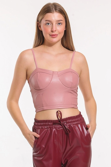 A wholesale clothing model wears  Strappy Leather Bustier - Dusty Rose
, Turkish wholesale Bustier of SENSE