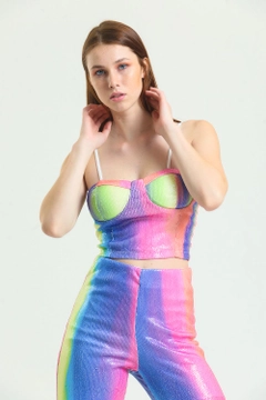 A wholesale clothing model wears sns10564-gloped-zippered-sequined-bustier-multi-colored, Turkish wholesale Bustier of SENSE