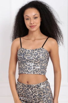 A wholesale clothing model wears sns10738-leopard-patterned-gloped-zippered-sequined-bustier, Turkish wholesale Bustier of SENSE