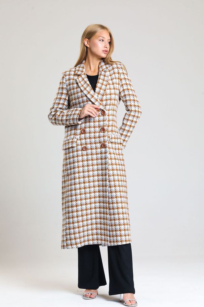 SENSE Cappotto lungo nascosto foderato in pied de poule Grigio e marrone Abbigliamento all'ingrosso Casuale