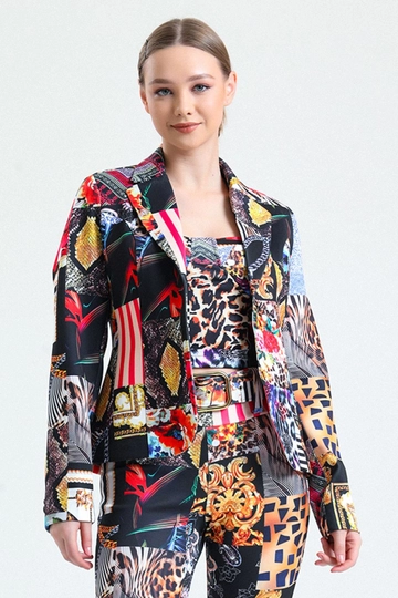 A wholesale clothing model wears  Mixed Patterned Buttoned Front Digital Printed Scuba Jacket
, Turkish wholesale Jacket of SENSE