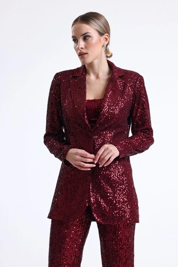 A wholesale clothing model wears  Lined Sequin Evening Dress Jacket - Claret Red
, Turkish wholesale Jacket of SENSE