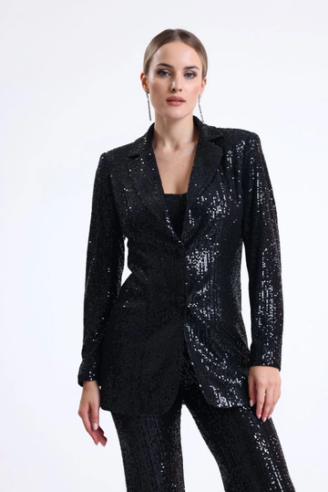 Ein Bekleidungsmodell aus dem Großhandel trägt  Gefütterte Abendkleiderjacke Mit Pailletten – Schwarz
, türkischer Großhandel Jacke von SENSE