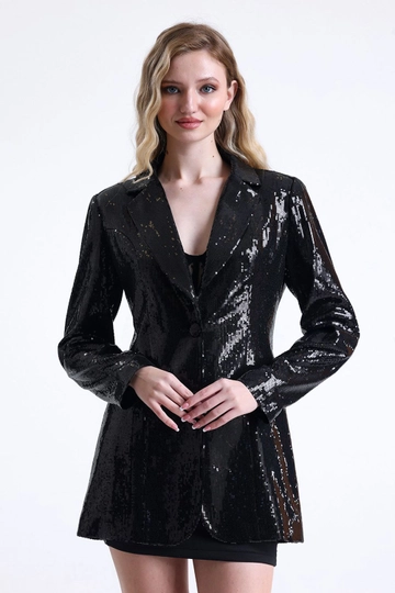 Bir model, SENSE toptan giyim markasının  İçi Astarlı Abiye Pul Payet Ceket - Siyah
 toptan Ceket ürününü sergiliyor.