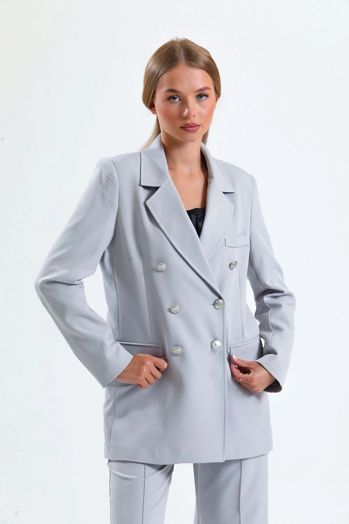 A wholesale clothing model wears sns10821-lined-hürrem-fabric-oversize-blazer-jacket-gray, Turkish wholesale Jacket of SENSE
