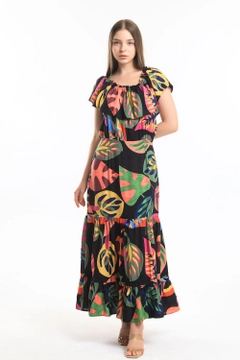 A wholesale clothing model wears sns10830-floral-lace-collar-elastic-woven-viscose-long-dress-black, Turkish wholesale Dress of SENSE