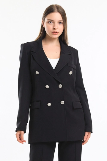 A wholesale clothing model wears  Sense Black Lined Hürrem Fabric Oversize Blazer Jacket
, Turkish wholesale Jacket of SENSE