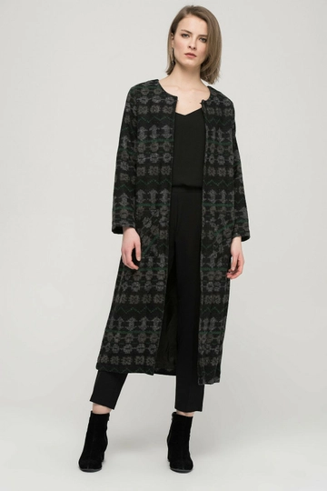 A wholesale clothing model wears  Long Coat With Front Sleeves - Black & Green
, Turkish wholesale Coat of SENSE