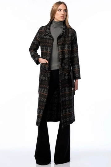 A wholesale clothing model wears  Polo Neck Long Coat - Black
, Turkish wholesale Coat of SENSE