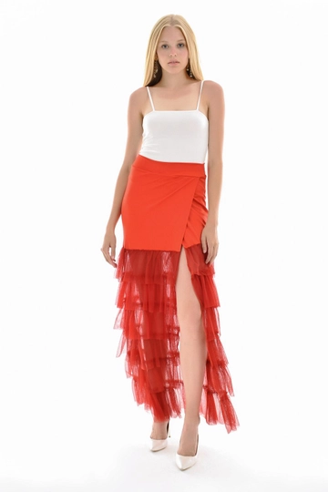 A wholesale clothing model wears  Sense Red 5 Layer Tulle Gathered Skirt With Front Overlay
, Turkish wholesale Skirt of SENSE
