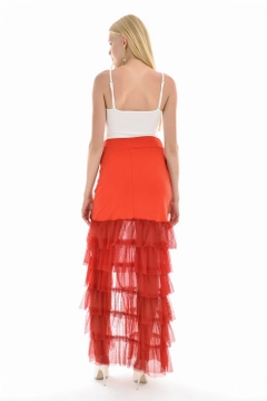 A wholesale clothing model wears sns11119-sense-red-5-layer-tulle-gathered-skirt-with-front-overlay, Turkish wholesale Skirt of SENSE