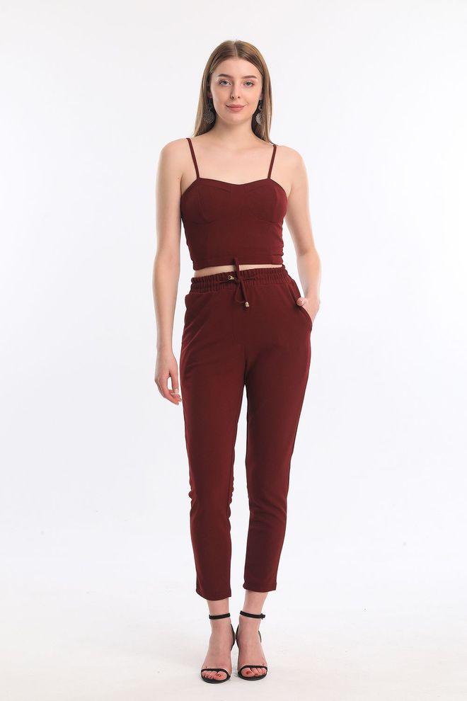 SENSE Sense Claret Red Elastic Waist Pocket Tie Up Scuba Crepe Trousers Wholesale Clothing Polyester