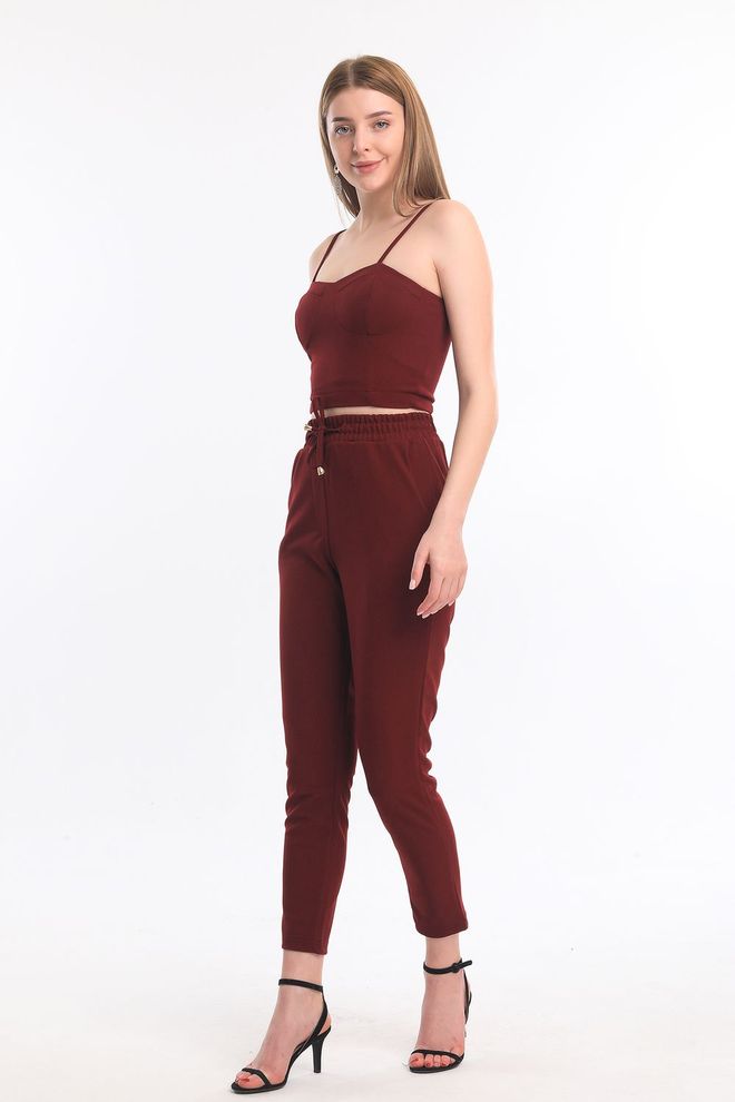 SENSE Sense Claret Red Elastic Waist Pocket Tie Up Scuba Crepe Trousers Wholesale Clothing Dating