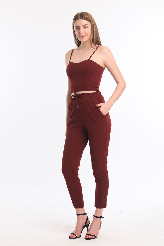 SENSE Sense Claret Red Elastic Waist Pocket Tie Up Scuba Crepe Trousers Wholesale Clothing Summer