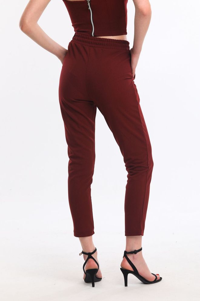 SENSE Sense Claret Red Elastic Waist Pocket Tie Up Scuba Crepe Trousers Wholesale Clothing Sport
