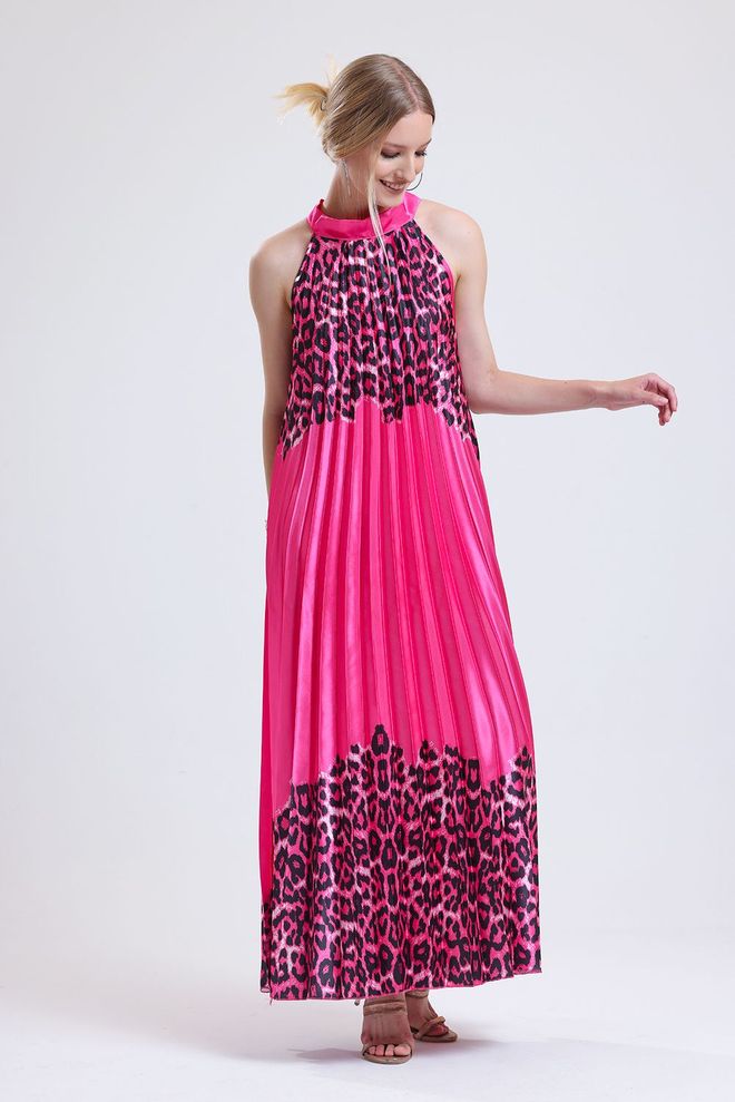 SENSE Sense Fuchsia Leopard Halter Kaklo Klostuota Skaitmenine Spauda Satino Suknelė Be Rankovių Didmeninė prekyba drabužiais Kokteilinė