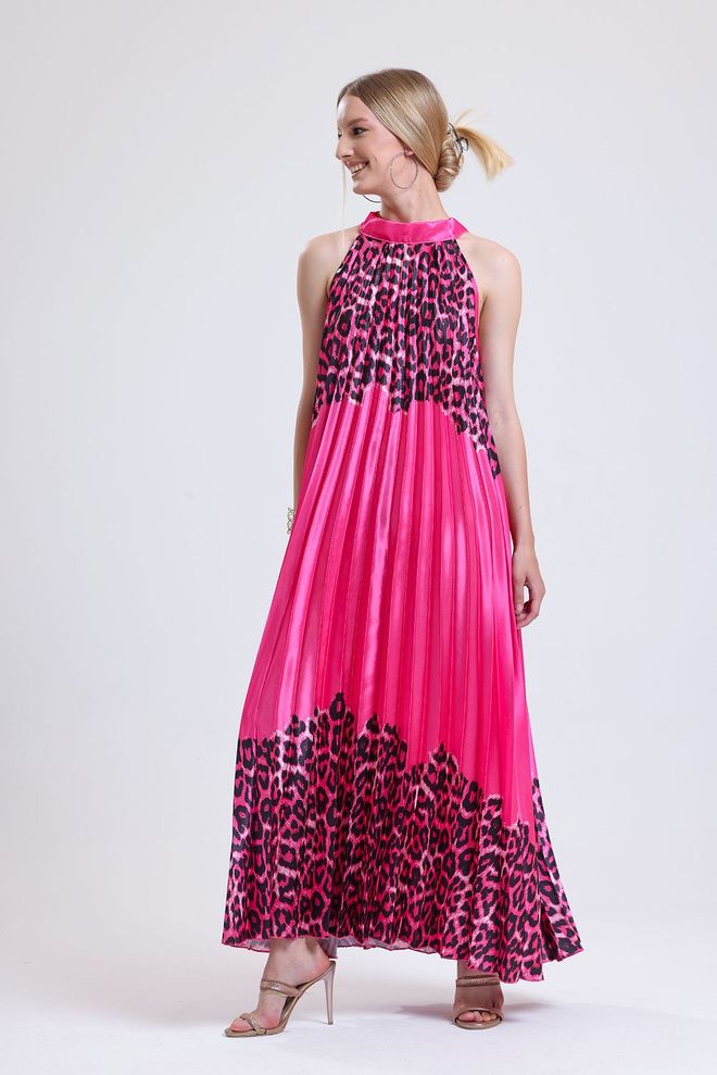 SENSE Sense Fuchsia Leopard Halter Kaklo Klostuota Skaitmenine Spauda Satino Suknelė Be Rankovių Didmeninė prekyba drabužiais Sujuosiamas švarkas