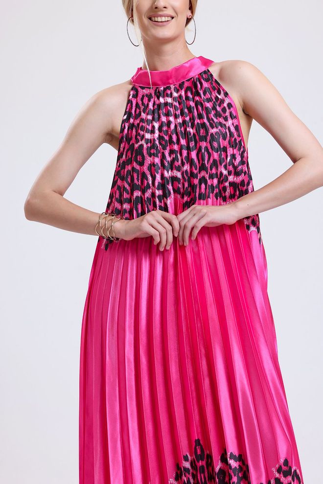 SENSE Sense Fuchsia Leopard Halter Kaklo Klostuota Skaitmenine Spauda Satino Suknelė Be Rankovių Didmeninė prekyba drabužiais Vasara