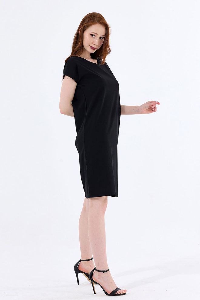 SENSE Sense Schwarzes Scuba Kreppkleid Mit Poolausschnitt Und Miniärmeln Großhandelskleidung Lässig