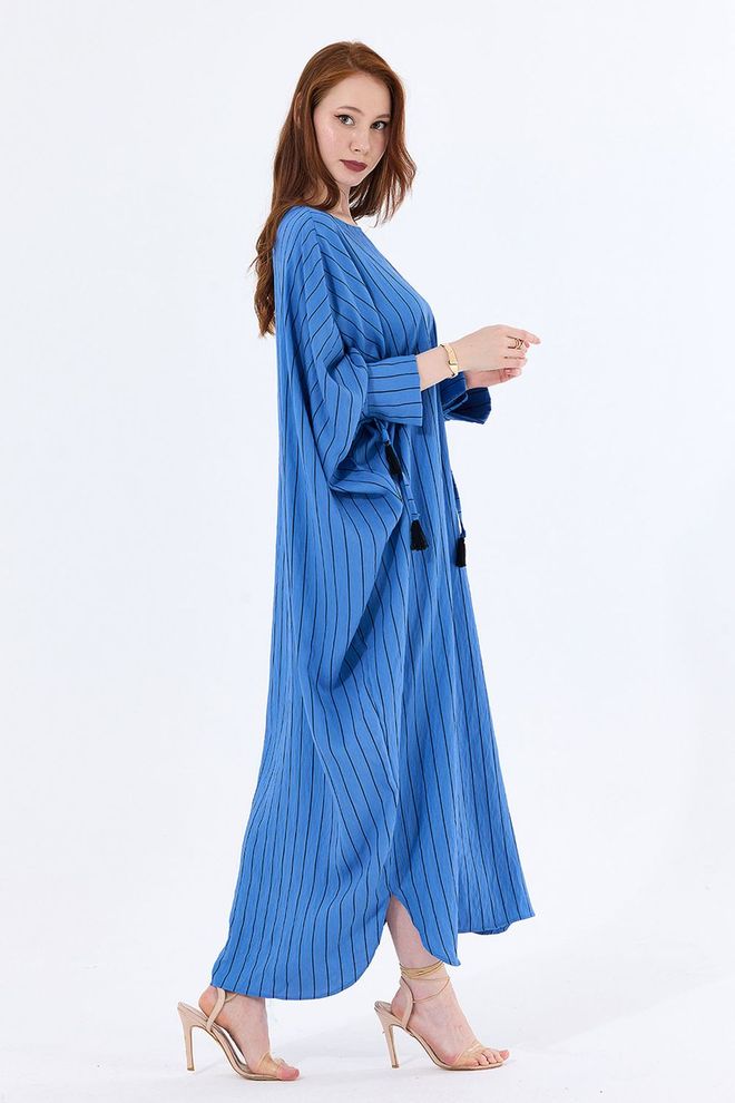 SENSE Sense Indigo Striped Cuffed Viscose Striped Kimono With String Tassels Wholesale Clothing Casual