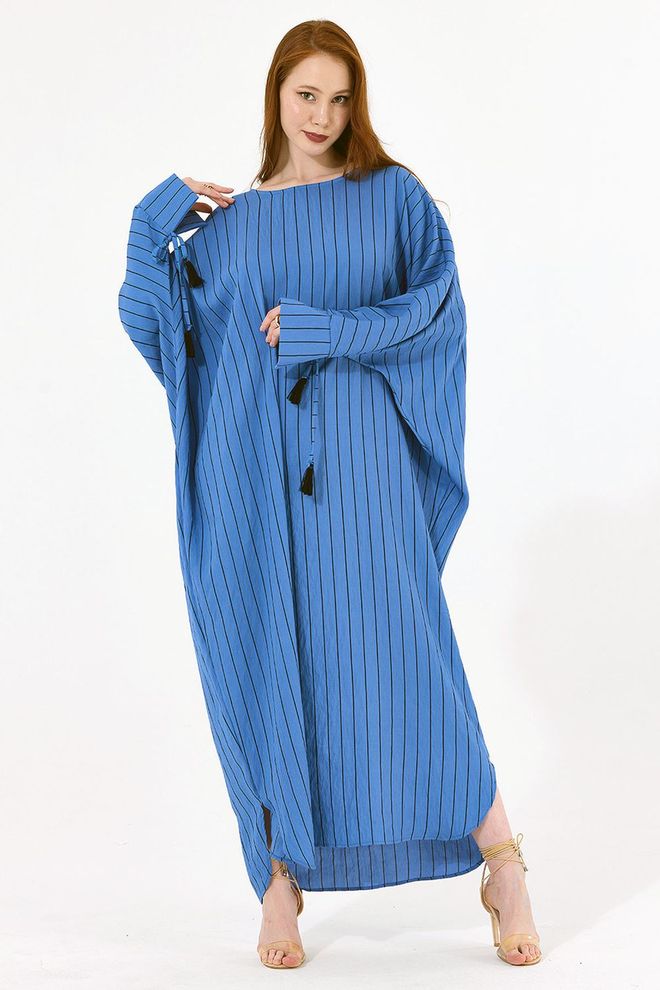SENSE Sense Indigo Striped Cuffed Viscose Striped Kimono With String Tassels Wholesale Clothing Viscose