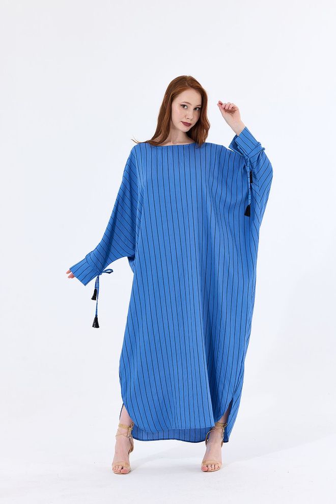 SENSE Sense Indigo Striped Cuffed Viscose Striped Kimono With String Tassels Wholesale Clothing Modest