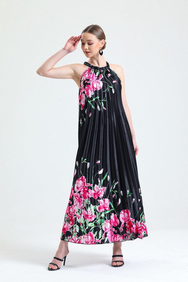 SENSE Sense Juoda Gėlėta Satino Suknelė Be Rankovių Klostuota Skaitmeniniu Raštu Didmeninė prekyba drabužiais Pankiškas