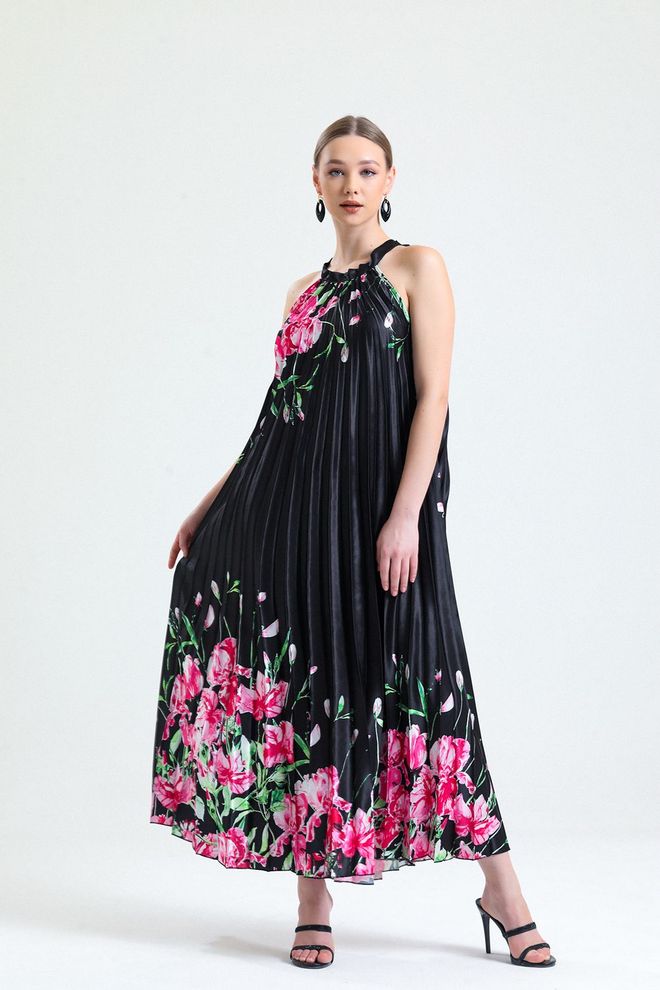 SENSE Sense Juoda Gėlėta Satino Suknelė Be Rankovių Klostuota Skaitmeniniu Raštu Didmeninė prekyba drabužiais Vasara