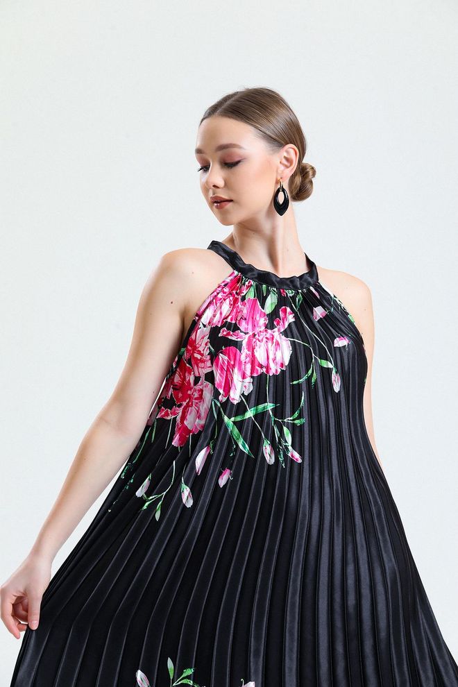 SENSE Sense Juoda Gėlėta Satino Suknelė Be Rankovių Klostuota Skaitmeniniu Raštu Didmeninė prekyba drabužiais Kokteilinė