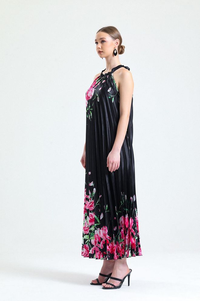 SENSE Sense Juoda Gėlėta Satino Suknelė Be Rankovių Klostuota Skaitmeniniu Raštu Didmeninė prekyba drabužiais Sujuosiamas švarkas