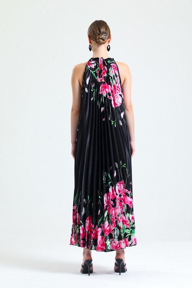 SENSE Sense Juoda Gėlėta Satino Suknelė Be Rankovių Klostuota Skaitmeniniu Raštu Didmeninė prekyba drabužiais Išleistuvės