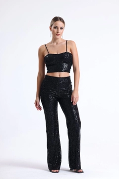 A wholesale clothing model wears sns10928-sequined-evening-dress-trousers-with-elastic-waist-black, Turkish wholesale Pants of SENSE