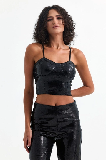 A wholesale clothing model wears  Sense Black Gloped Zippered Sequined Bustier
, Turkish wholesale Bustier of SENSE