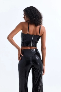 A wholesale clothing model wears sns10938-sense-black-gloped-zippered-sequined-bustier, Turkish wholesale Bustier of SENSE