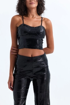 A wholesale clothing model wears sns10938-sense-black-gloped-zippered-sequined-bustier, Turkish wholesale Bustier of SENSE