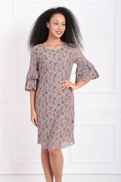 A wholesale clothing model wears sns10943-sense-beige-guipure-sleeves-flounce-dress, Turkish wholesale Dress of SENSE