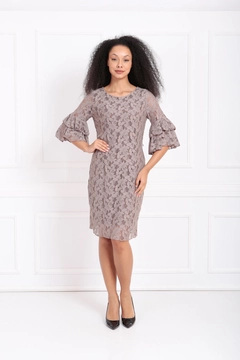 A wholesale clothing model wears sns10945-sense-mink-guipure-sleeves-flounce-dress, Turkish wholesale Dress of SENSE