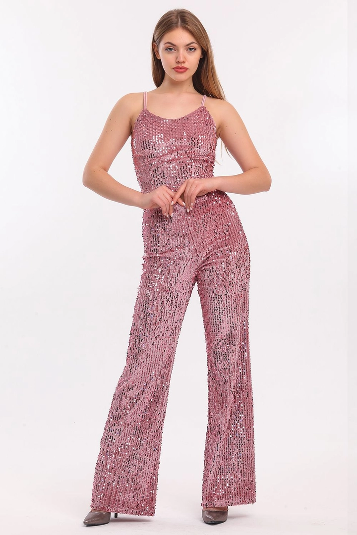 A wholesale clothing model wears sns10946-sense-powder-elastic-wide-leg-sequined-evening-dress-trousers, Turkish wholesale Pants of SENSE