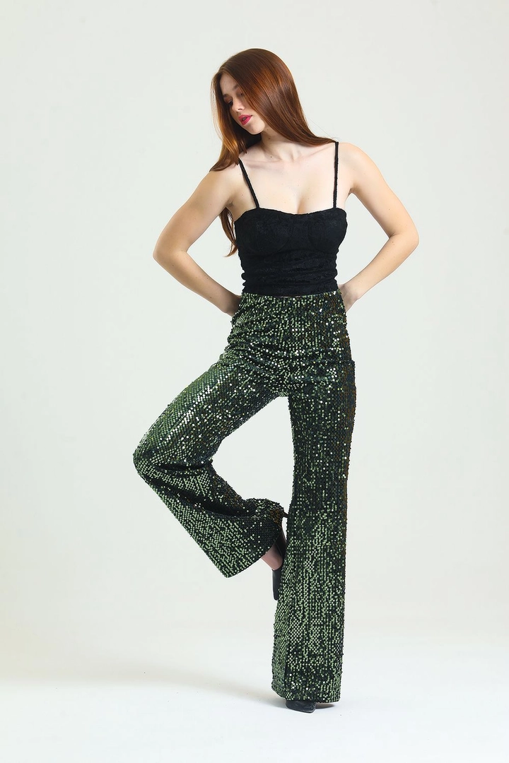 A wholesale clothing model wears sns10952-elastic-wide-leg-sequined-evening-dress-trousers-khaki, Turkish wholesale Pants of SENSE