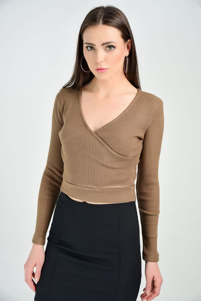 SENSE Sense Bruine Blouse Van Gebreide Stof Groothandel Kleding Casual