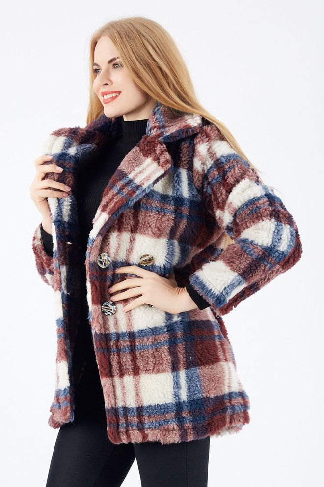 SENSE Sense Burgundy White Plaid Lined Fur Coat With 4 Buttons On The Front Wholesale Clothing 2