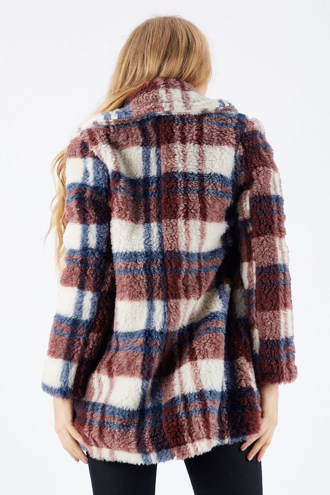 SENSE Sense Burgundy White Plaid Lined Fur Coat With 4 Buttons On The Front Wholesale Clothing Fall