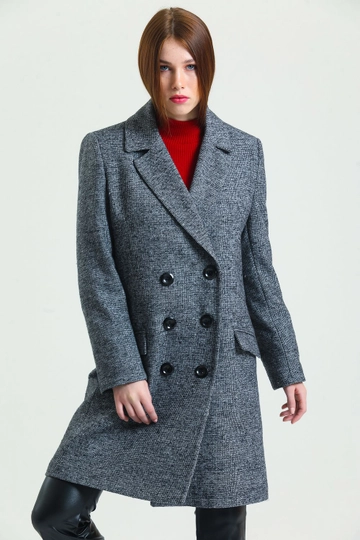 A wholesale clothing model wears  Sense Black Gray K. Houndstooth 6 Button Lined Cashmere Coat
, Turkish wholesale Coat of SENSE